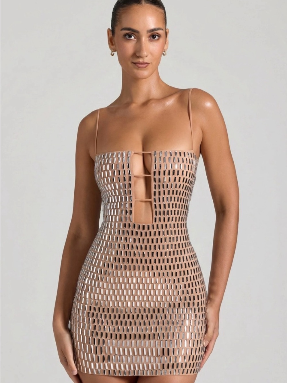 Oh Polly Champagne Sequin Mini Dress with Spaghetti Straps